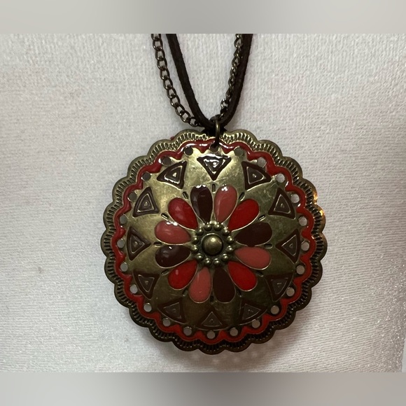 Brown Suede Cord & Chain Necklace Medallion Pendant gold tone enamel fall witchy - Picture 1 of 5